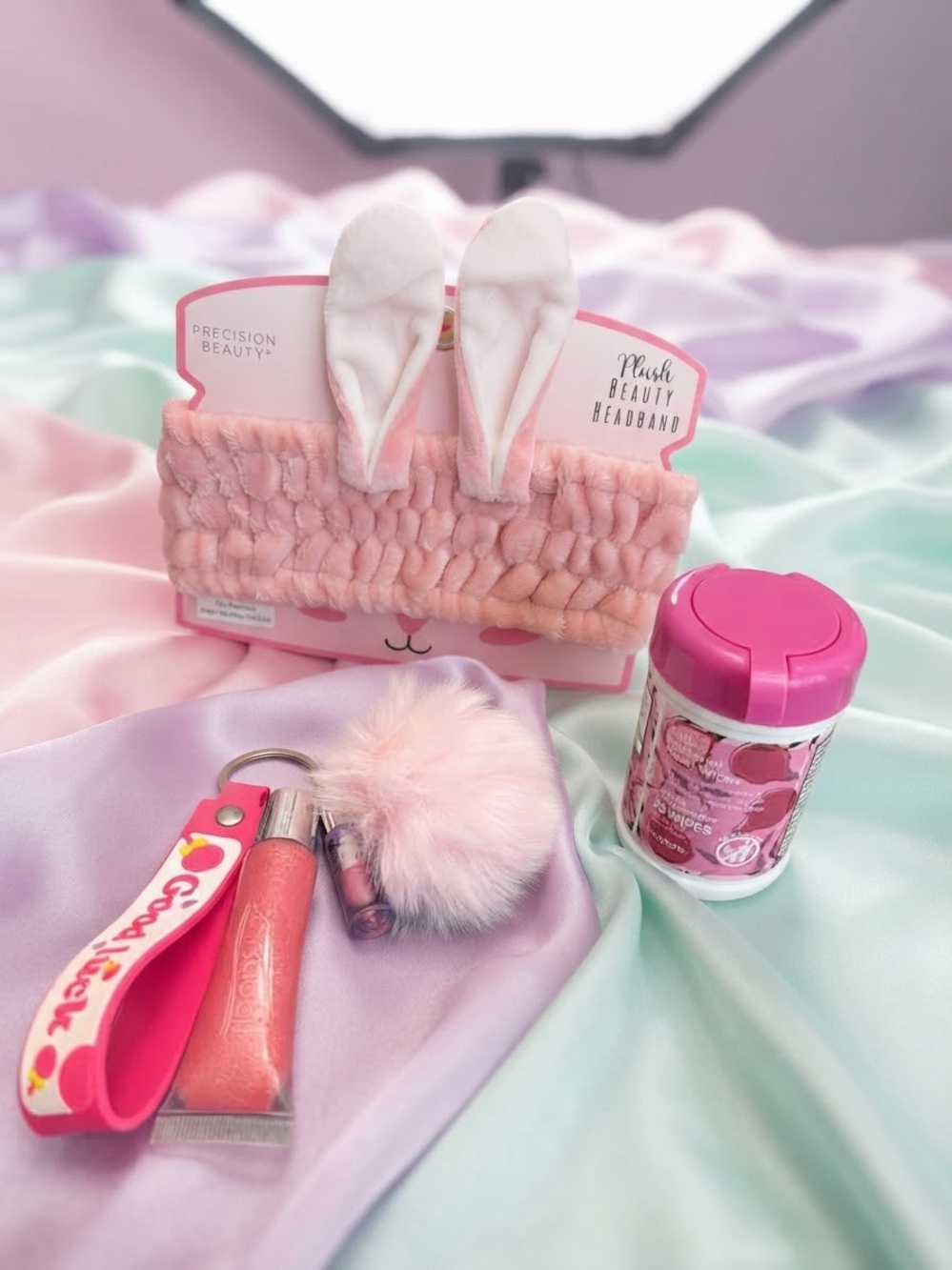 Plush Bunny Ear Pink Kids Beauty Headband, lipgloss keychain & wipe sanitizer